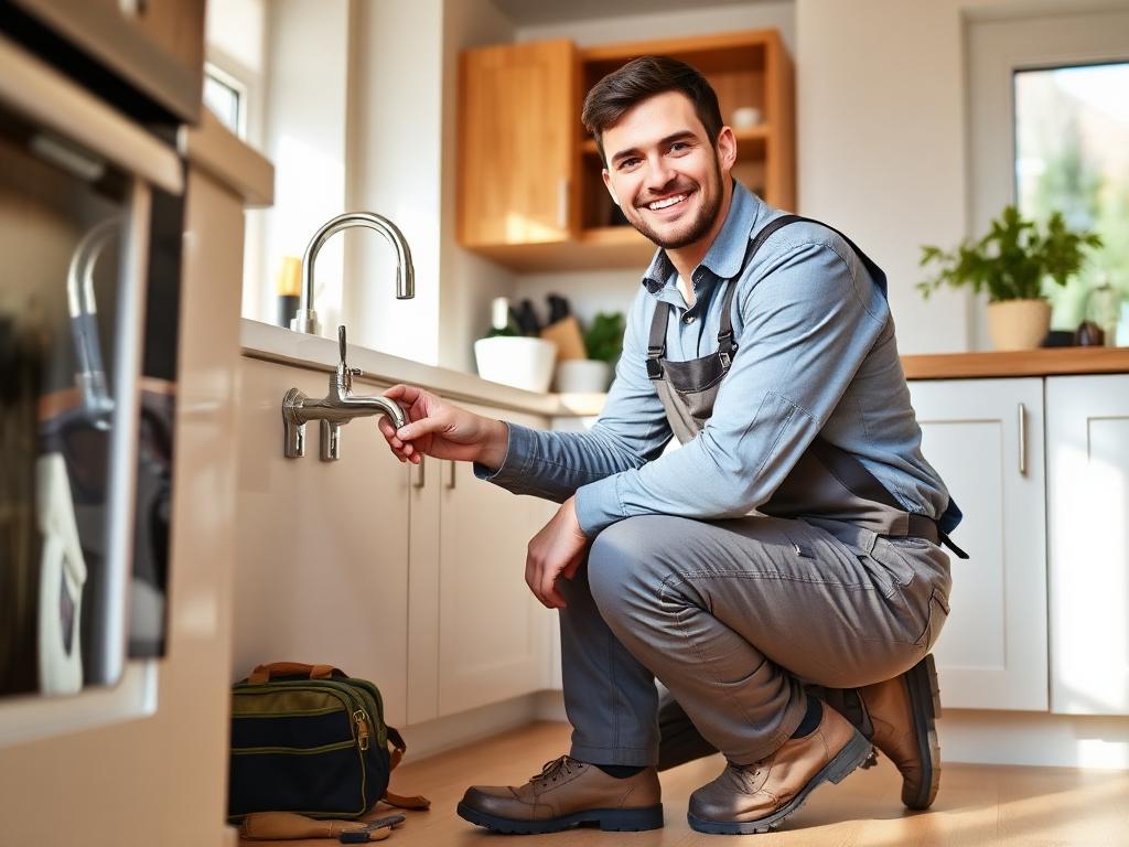 A professional tradesperson fixing a kitchen tap in a bright home